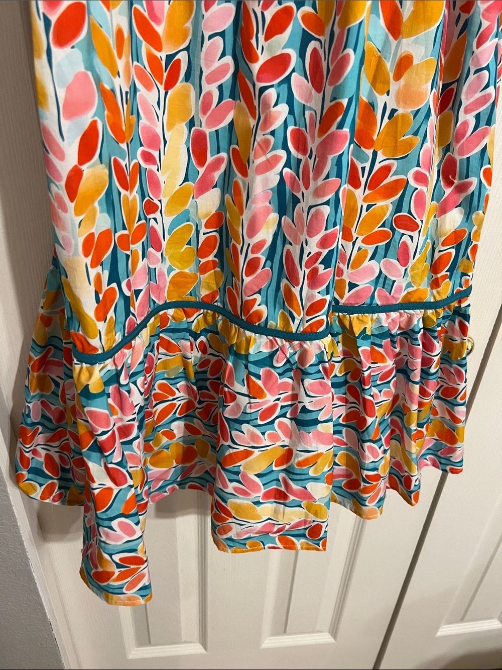 Umgee Multicolor Leaf Print Dress - Teal, Pink, Yellow, Orange - Picture 4 of 4